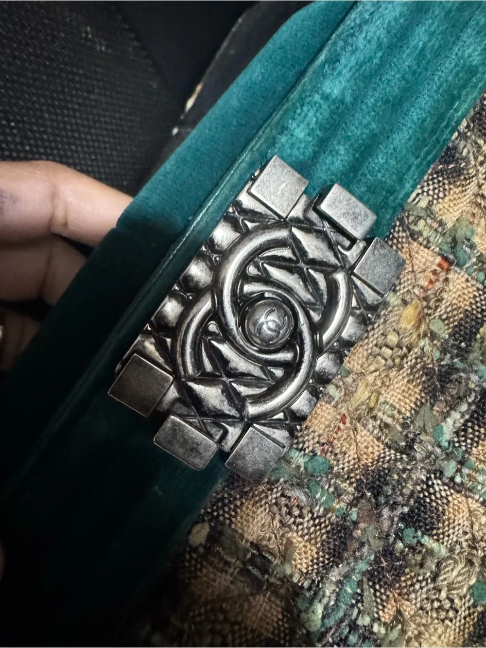 CHANEL Teal Tweed & Velvet Chain Crossbody Bag